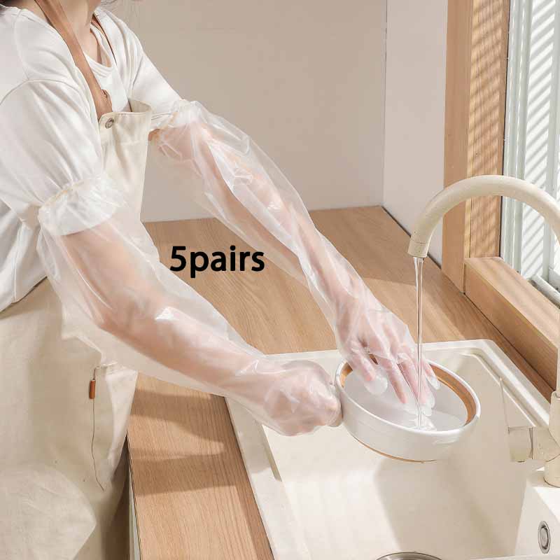 

5 пар одноразовых перчаток для защиты рук для кухни, дома, мытья посуды, уборки, водонепроницаемые, эластичная завязка, удлиненные перчатки до локтя