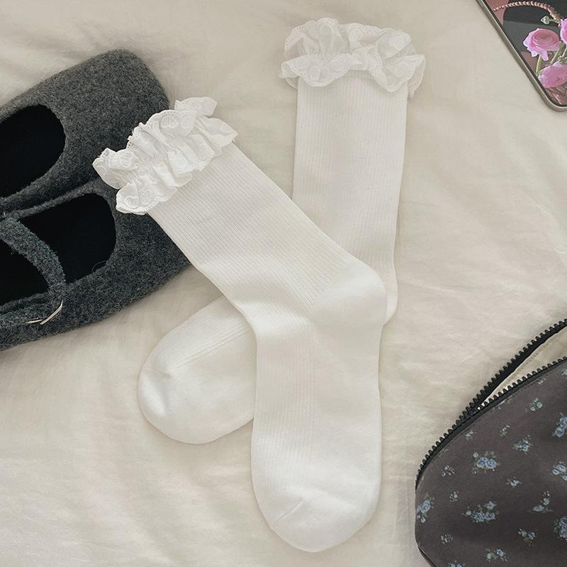 

Female Spring and Autumn Sweet Pure Color Pull A Love All Kinds of Big Lace Boneless Tube Pile Socks 1 pair белый