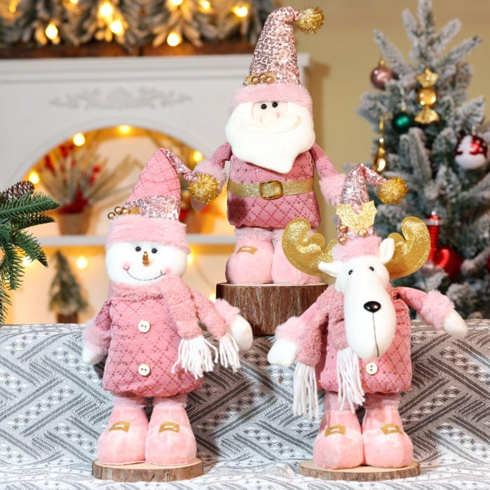 Pink Santa Claus Knitted Elk Doll Window Scene Christmas Decoration Xmas Ornament Telescopic Doll