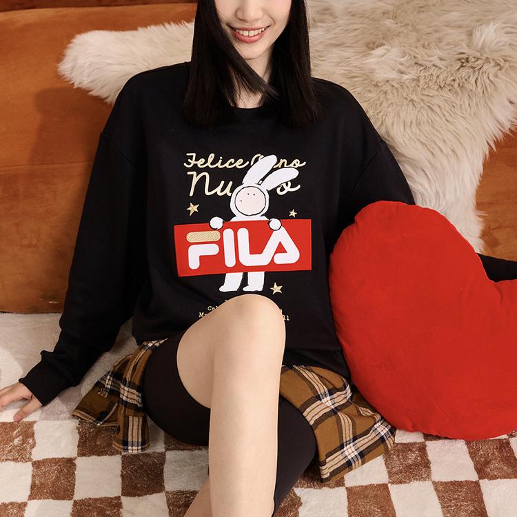 FILA CNY X Buer Rabbit Sweatshirts Unisex Black Crew Neck Moderate Regular F11U319202F-BK