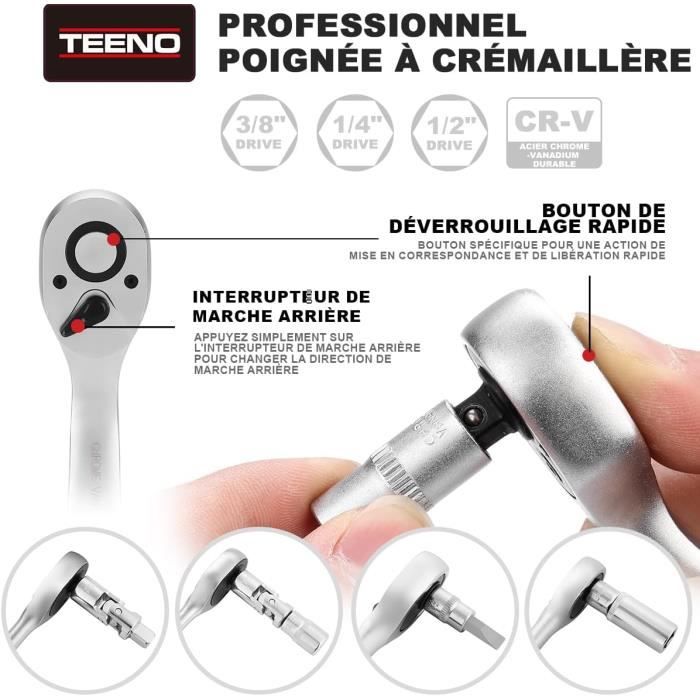 Coffret De Douille Et Embouts - TEENO - 172 Pcs - Acier Chrome Vanadium - Mallette À Outils - 72 Dents