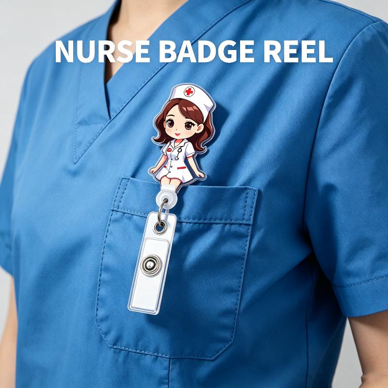 1Pcs 2D Flat Acrylic Badge Holder Retractable Id Badge Holder Scratch-Resistant Cartoon Nurse Badge Reel