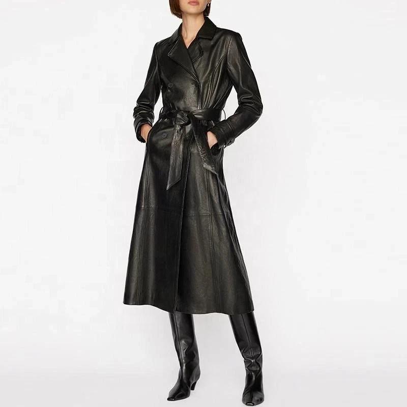 Schwarzer Party-Anzug Passform Handgemachter Trenchcoat Lässig Lammleder Echt Damen