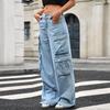 Women's Casual Fashion Solid Color Elastic Waist Pockets Wide Leg Straight Jeans Pants