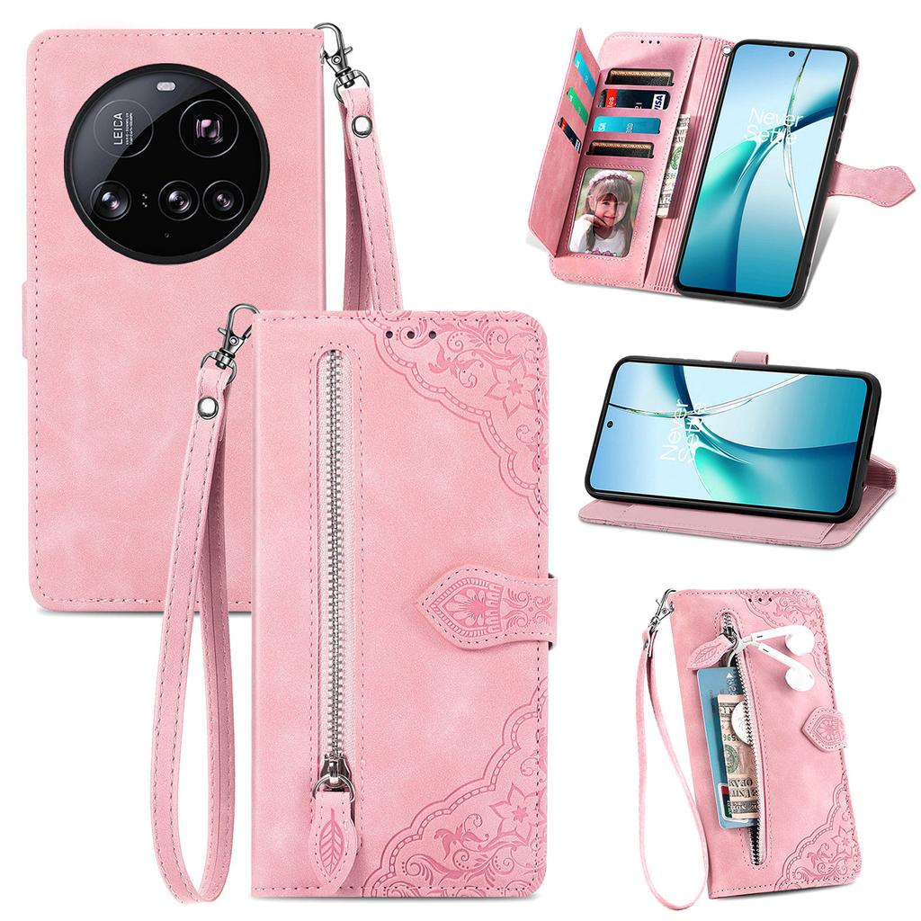 For Xiaomi 15 Ultra Zipper Wallet Case with Strap Flower Imprint PU Leather Phone Cover