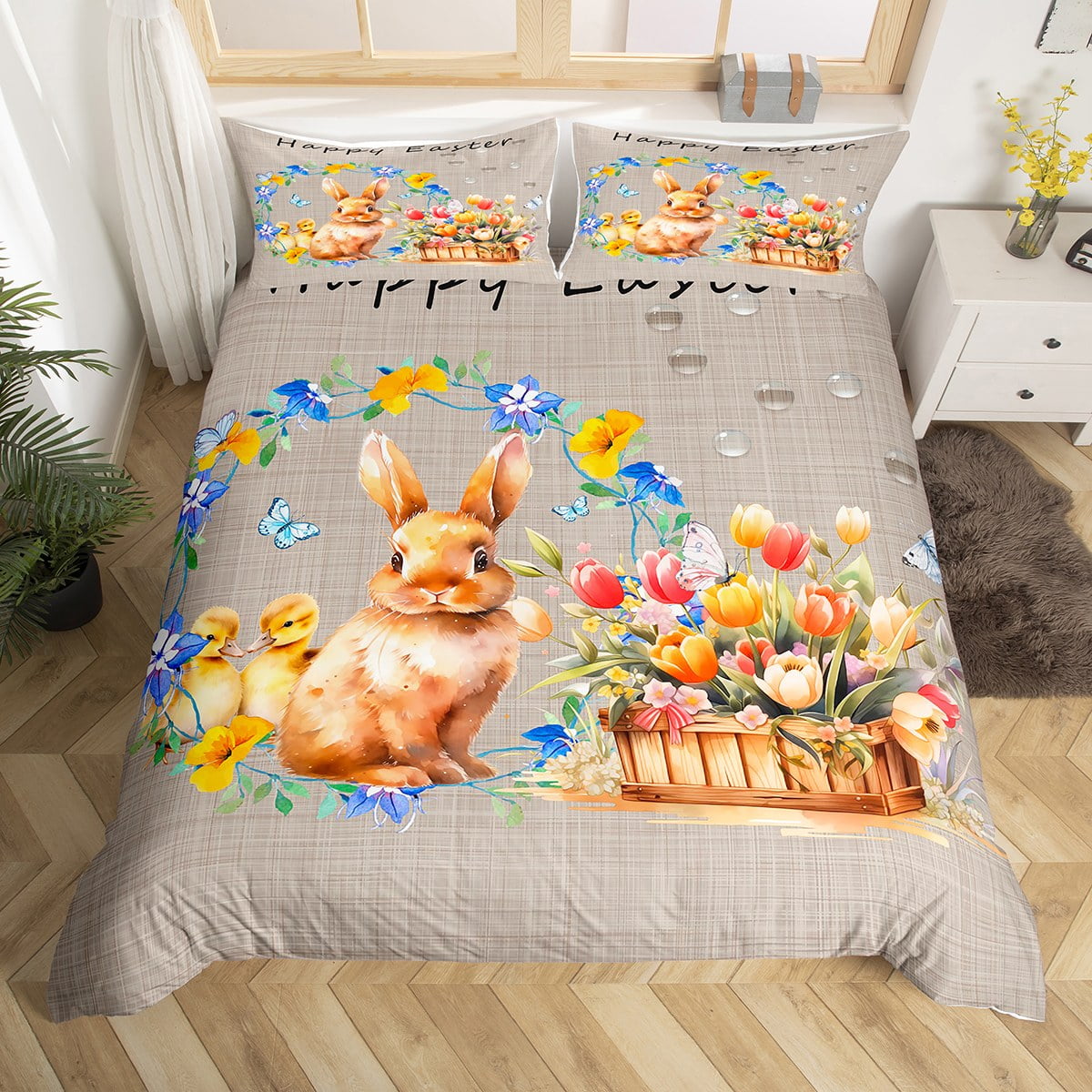 

Comforter Whimsical Rabbit Adorable Pink Bedding With Flowers Heart Motif For Rooms Suitable Children Kids And Adults Comforter (quilt)-EU Single(135*200cm)3pcs