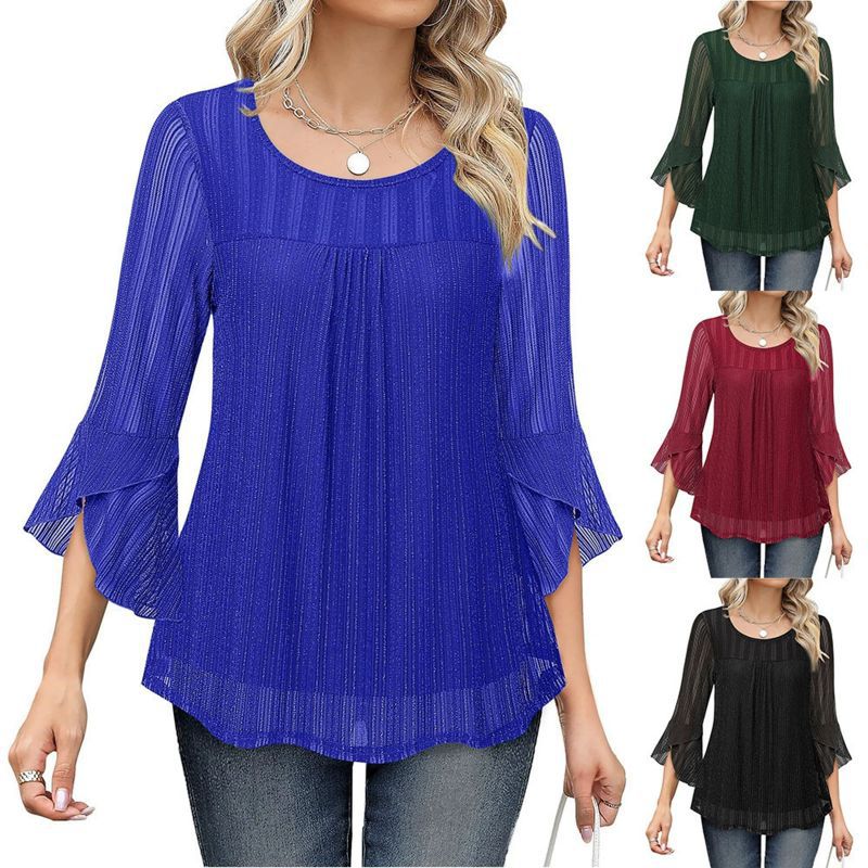 Women's Round Neck Ruffled Sleeve Mesh Top