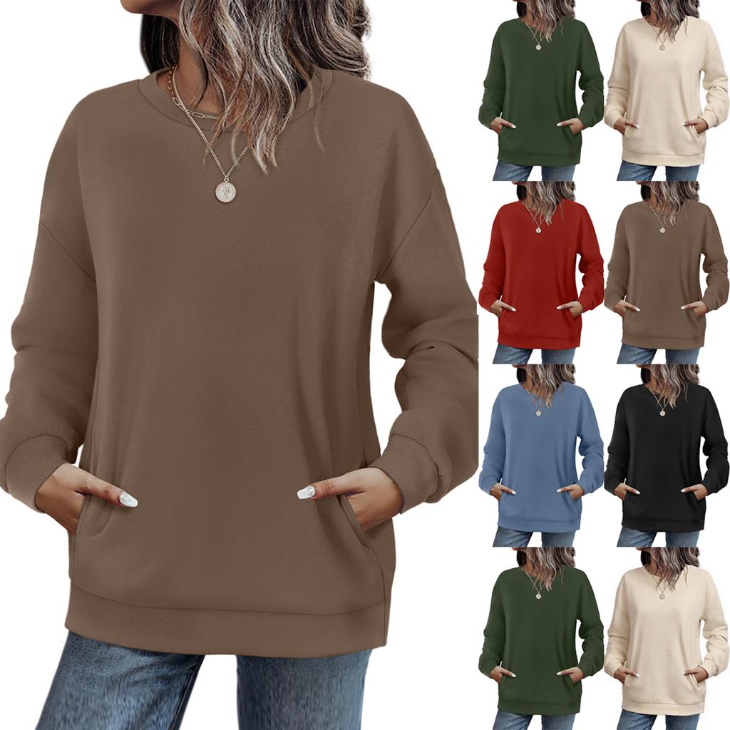 Crewneck Sweatshirts Women Long Sleeve Tops  Fall Fashion Clothes Winter Pullover With Pockets