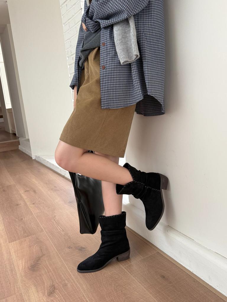 2025 New Women's Boots Square Head Thick Heel Medium Heel Short Boots Versatile and Thin Pile Western Cowboy Boots Maillard Matte