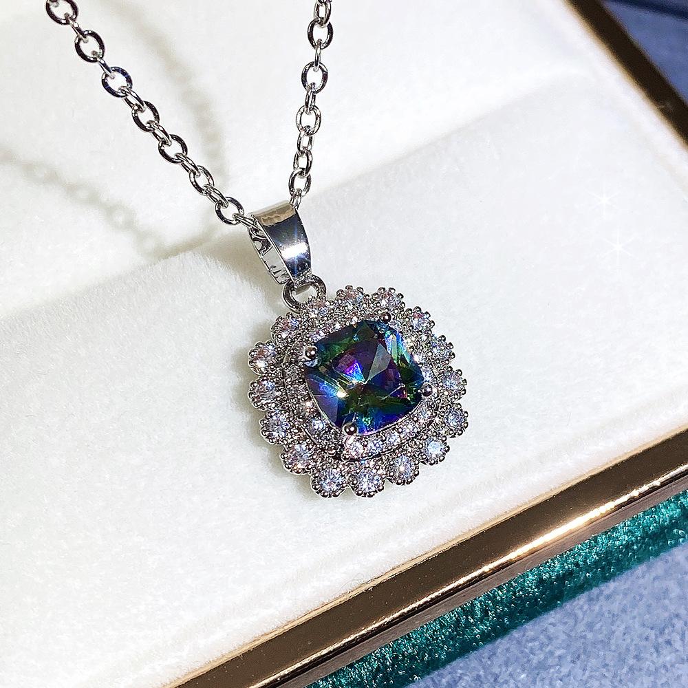 Silver Plated 4PCS Blue CZ Jewelry Set (Necklace+Earrings+Ring), Cushion Cut Halo Box Chain Set for Women