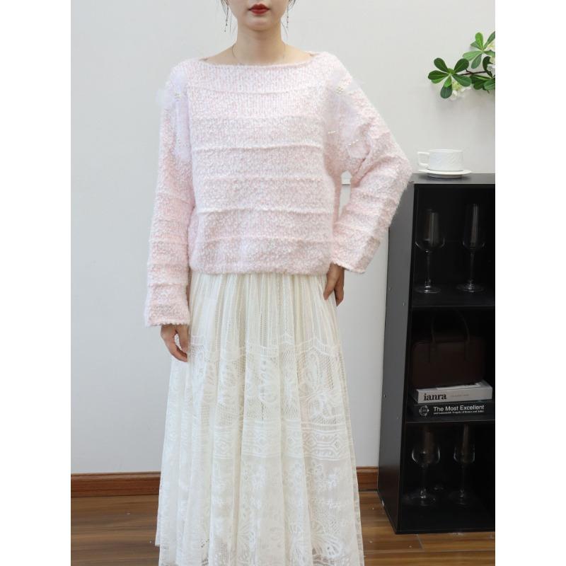 

Autumn and winter new bead design soft waxy loose knitted sweater top sweet gentle wind sweater pullover woman one size fits all розовый