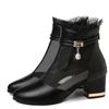 Mesh Women's Shoes Medium Heel Shoes Women's Thick Heel Short Tube Women's Boots Women's Shoes Spring and Autumn New Black Shoes Women's Shoes Women