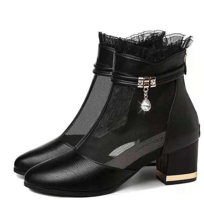 Mesh Women's Shoes Medium Heel Shoes Women's Thick Heel Short Tube Women's Boots Women's Shoes Spring and Autumn New Black Shoes Women's Shoes Women