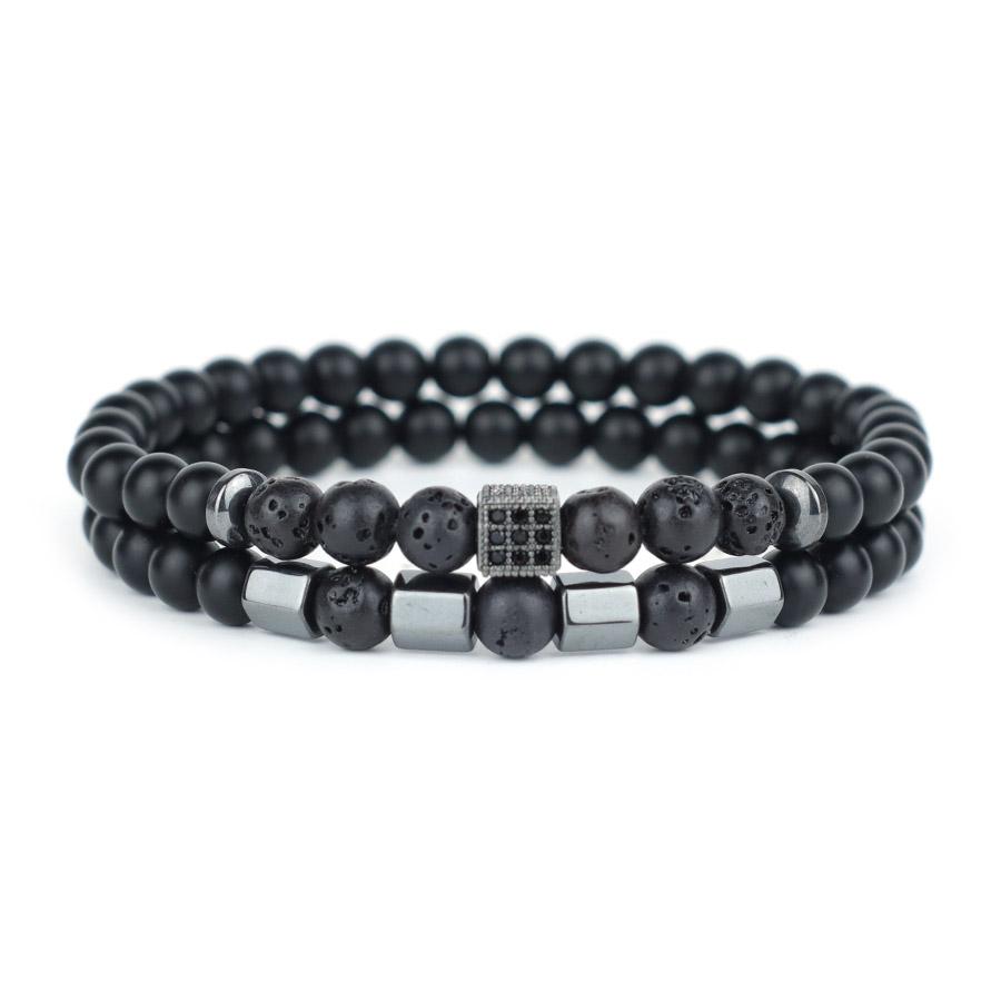 Fashion Men Bracelet Set 2Pcs 5 Types Of Stones Beaded Braslet Cubic Zirconia Charm Braclet Street Cool Riding Accessories Homme