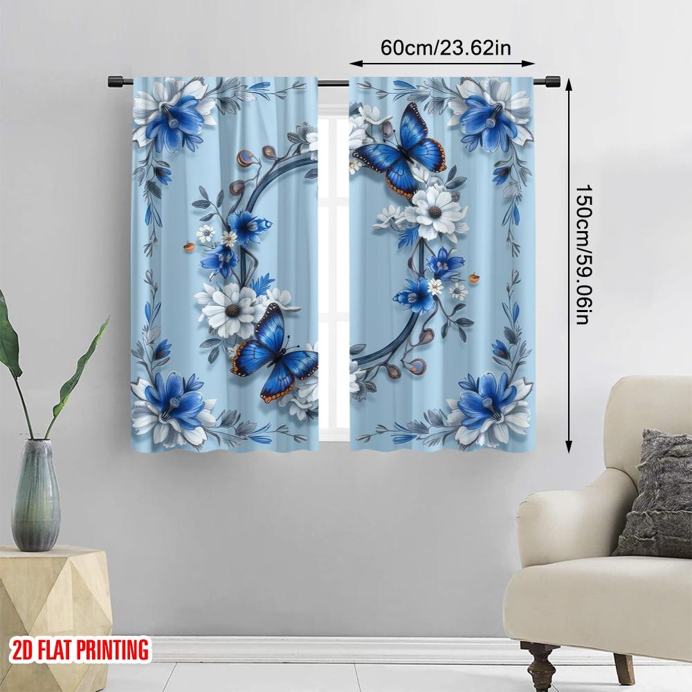 2D flat printing 2pcs Drapes blue flowers Durable Polyester  Without Electricity summer party decorations Perfect for Indoor