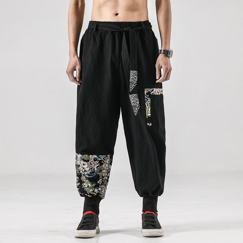 Spring/Summer 2026 Retro Chinese Style Men's Embroidered Cotton Linen Slim Pants