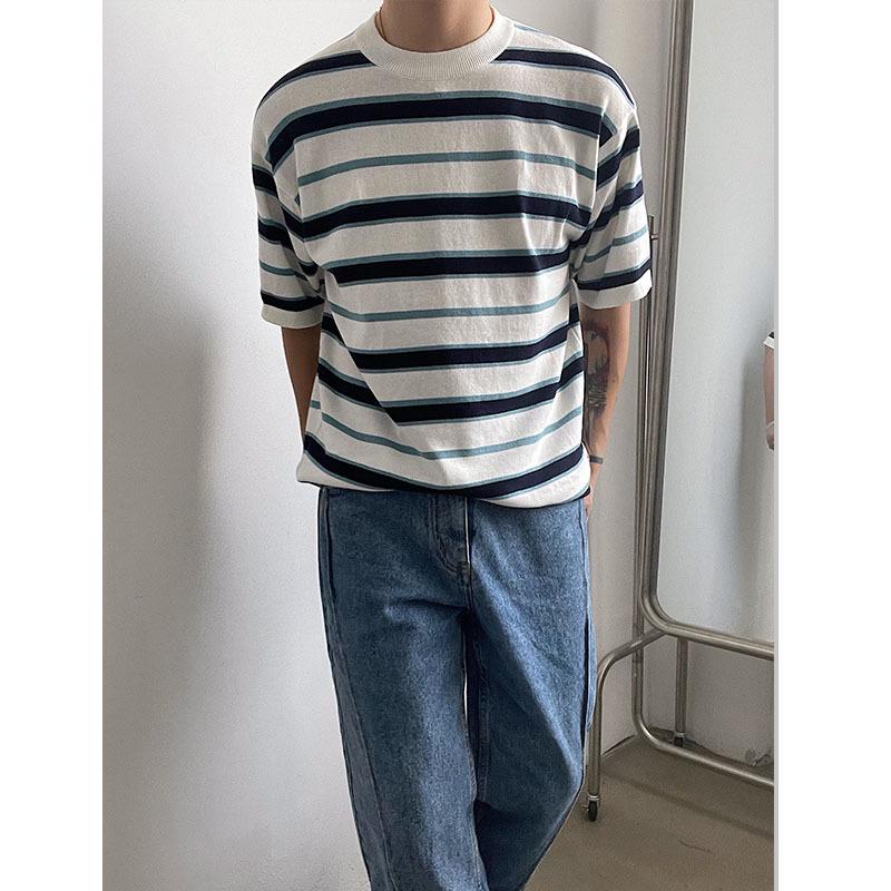 2024 Korean Striped Casual Loose-Fit Knit Crew Neck T-Shirt for Men