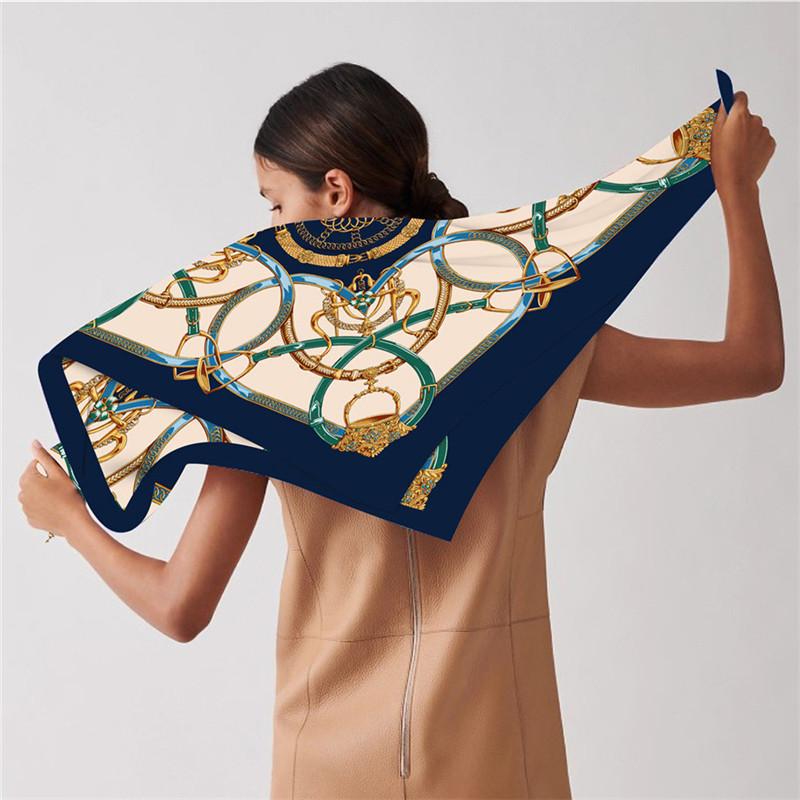 Silk Scarf Women Melt Chain Print Square Scarves Head Echarpes Silk Foulards Femme Wraps Beach Shawl Bandana Lady Hijabs 90CM