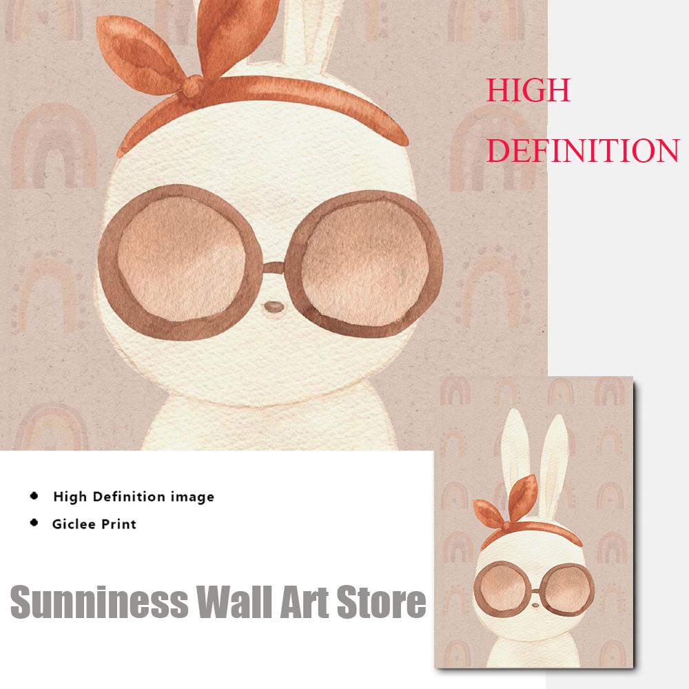 Boho Rainbow Bunny Wall Art Canvas Painting Nordic Poster Art Prints Cactus Rabbits Pictures for Girls Room Childrens Room Decor