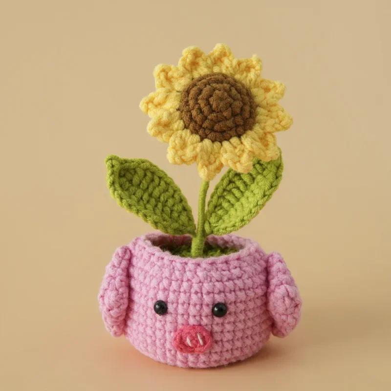 Mini Animal Crochet Potted Cute Handwoven Cartoon Flowers Creative Hand-knitted Car Home Desktop Shelf Decor Items Gift
