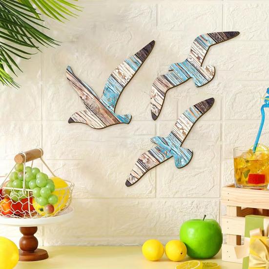 3 Stück Möwen Wanddeko Holz Fliegende Seevögel Wandbehang Schild Nautisches Thema Strand Küsten Wandkunst Vintage Ozean Skulptur für Zuhause Badezimmer