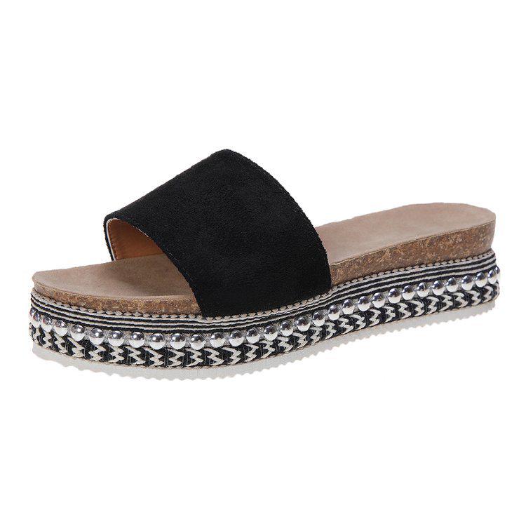 Sandals Slippers Female 2026 Summer Fashion Rhinestone Suede Flat With Muffin Bottom Outside Wear A Word Slippers