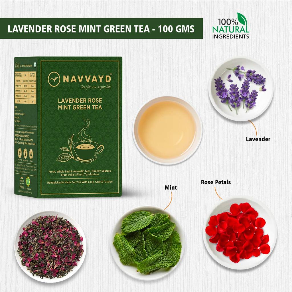 Navvayd Lavender Rose Mint Green Tea (100 Gms 50 Cups), With Authentic Lavender, Rose Petals & Mint, Loose Leaf