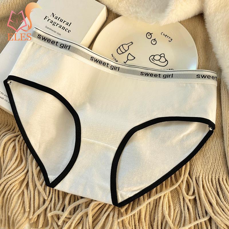 Women Panties Seamless Mid Waist Contrast Color Letter Pattern Elastic Soft Breathable Japanese Style Anti-septic Moisture-wicki