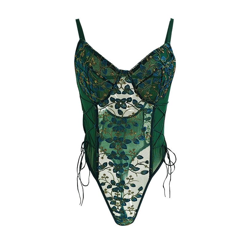 Backless Drawstring Slimming Corset Bodysuit Women'S Sexy Lingerie Mesh Embroidered Erotic Costumes Lace Pure Desire Bodysuits