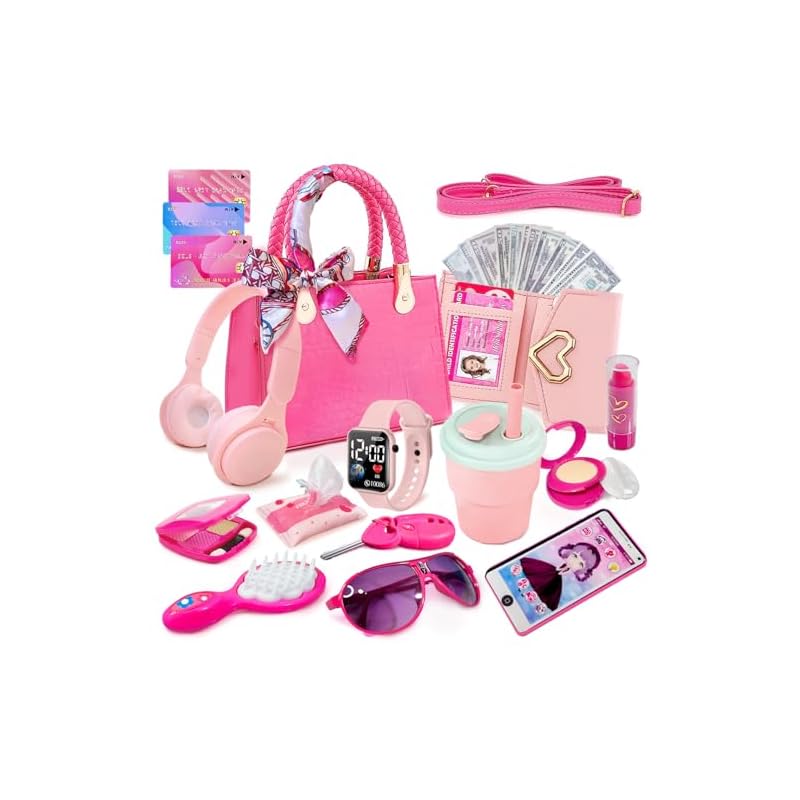 Little Girl's Wallet Pretend Play Makeup Set for Toddlers and Kids - Handbag, Pretend Play Headset, Wallet, Phone, Birthday Gift for Girls Ages 3 and