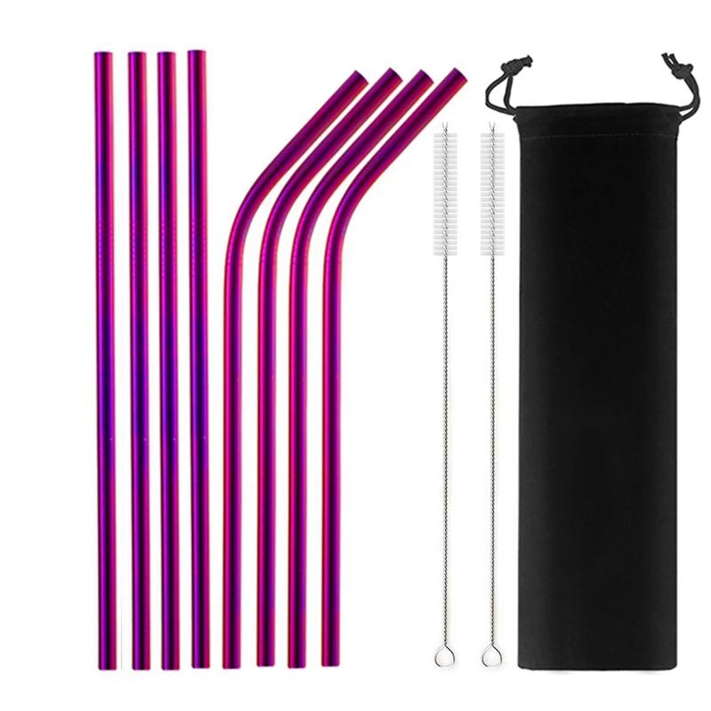 8 Pcs Metal Reusable 304 Stainless Steel Straws Straight Bent Drinking Straw with Bag Cleaning Brush Set Party Bar Accessory