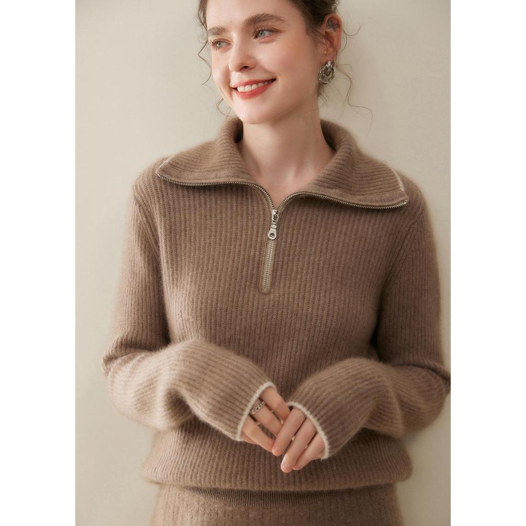 Women's Solid Cashmere Ribbed Half-Zip Sweater - Autumn/Winter