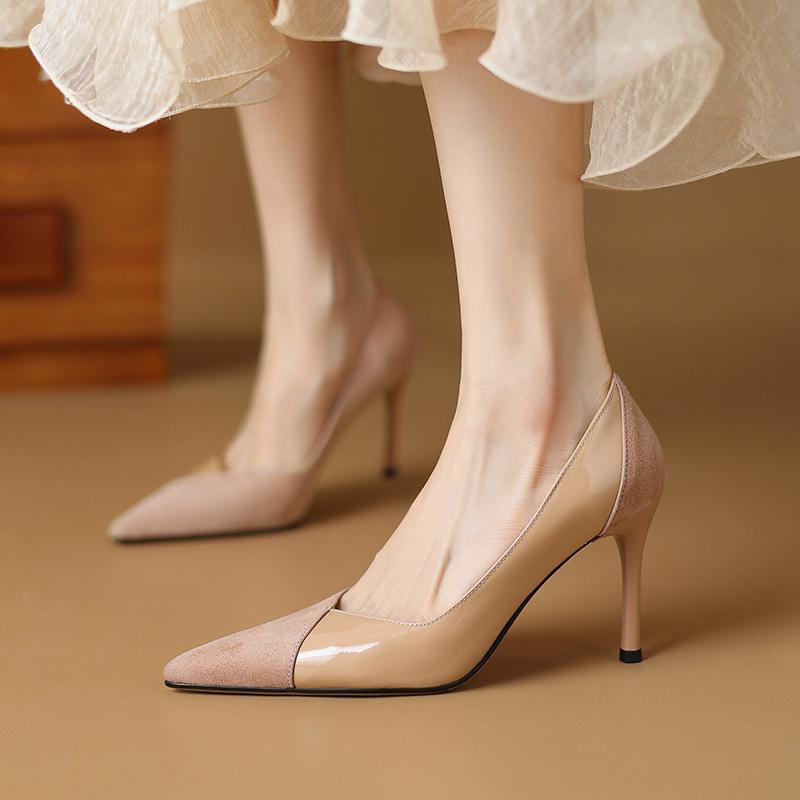 Fashion Women's new pointed leather patent leather color blocked temperament sexy slim heel high-heeled plus size work shoes