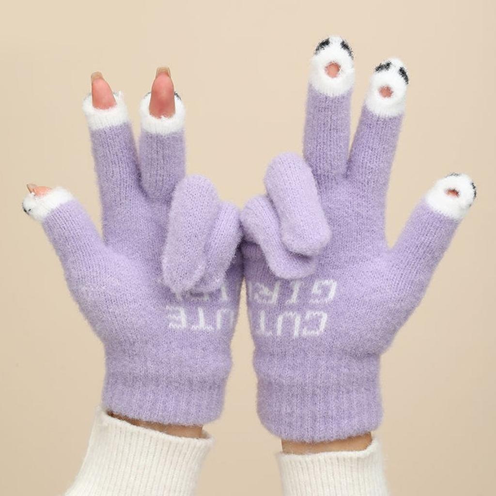 Knitted Touchable Screen Gloves Winter Full Finger Mittens Stretchy Warm Three Finger Exposed Gloves for Girls Teens