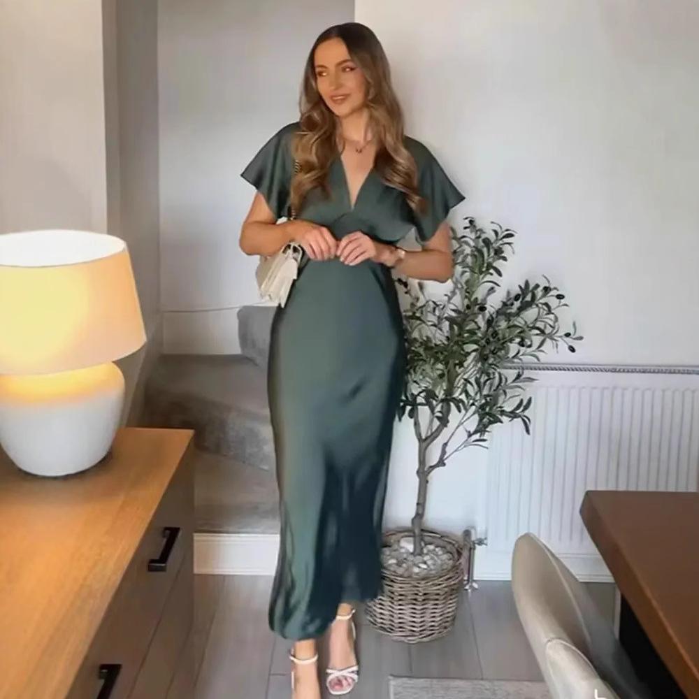 Spring and Summer New European and American Style Women's Clothing Fashion Temperament Casual V-neck Silk Satin Texture Dress