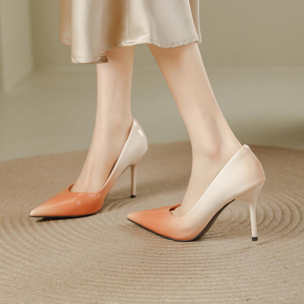 Sexy versatile pointed high heels women's 2025 new fine heel fashion temperament gradual change color patent leather light mouth single shoes