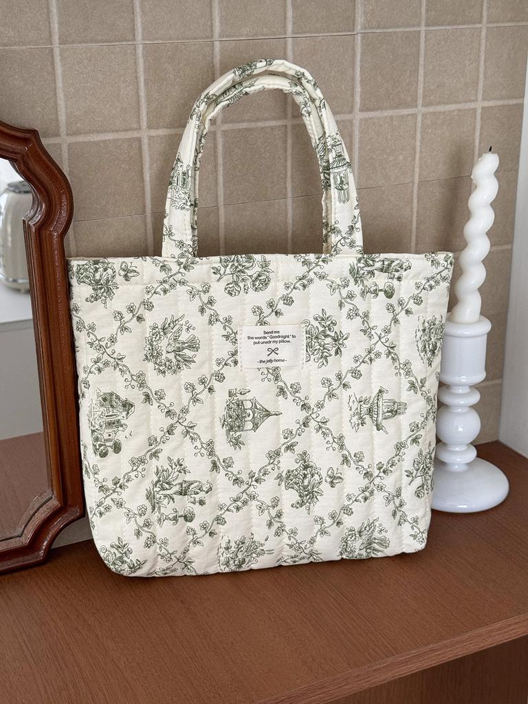 Quilted Cotton Women's Cute Flower Handbags Portable Ladies Small Tote Shoulder Bags Retro Design Casual Female Lunch Bento Bag