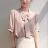 Women's Pink Ribbon Chiffon Short-Sleeve Shirt, Summer Korean Style: Gentle, Sweet, Fashionable, Drapey, Niche Hong Kong Style
