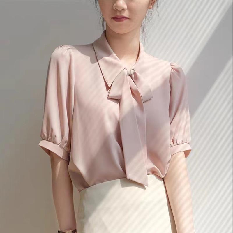 Women's Pink Ribbon Chiffon Short-Sleeve Shirt, Summer Korean Style: Gentle, Sweet, Fashionable, Drapey, Niche Hong Kong Style
