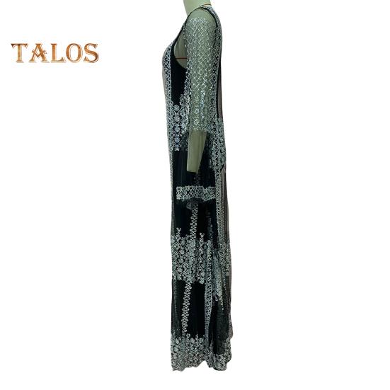2 Pcs/Set Women Evening Dress Big Swing Shiny Bronzed Cardigan Slip Dress Set See-through Mesh Long Sleeve Coat Cocktail Events Special Occasions
