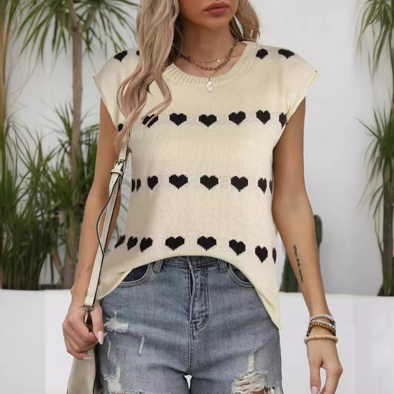 Womens Loose Fit Knit Top With Embroidered Heart Round Neck Short Sleeve Sweater In Acrylic Casual Office Style