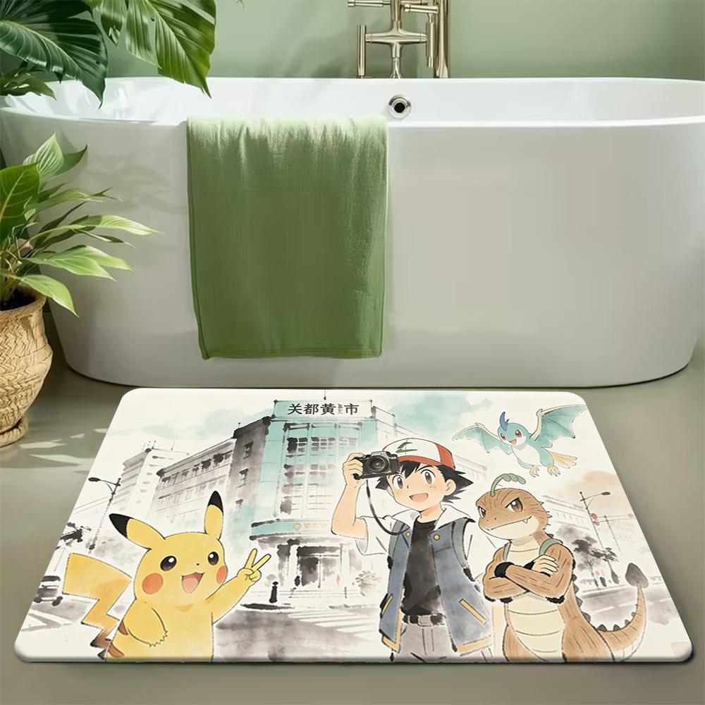 Happy Cute Pikachu Cartoon Print Soft Non-Slip Absorbent Indoor Home Bathroom Entryway Floor Doormat Rug Mat