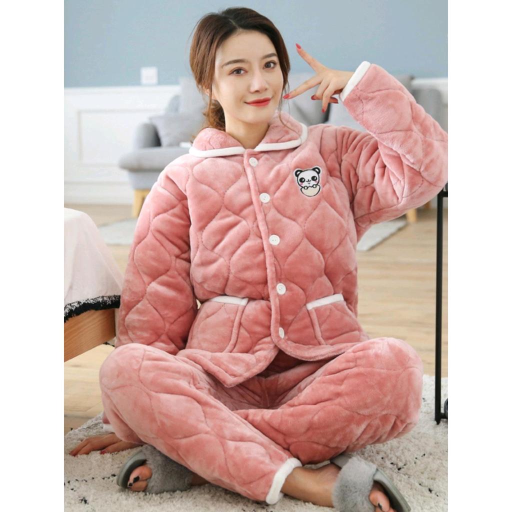 Pajamas women's winter thickened warm large size padded cotton cute coral fleece loungewear