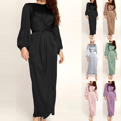 Women's Color Feminine Tunic Dress Satin Muslim Long Dress