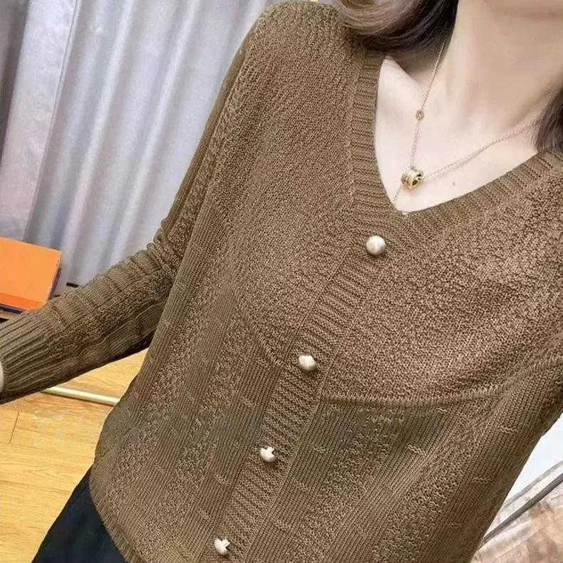 

Женский весенне-осенний шикарный вязаный свитер с полым V-образным вырезом, простой пуловер с длинным рукавом, однотонные топы XXS