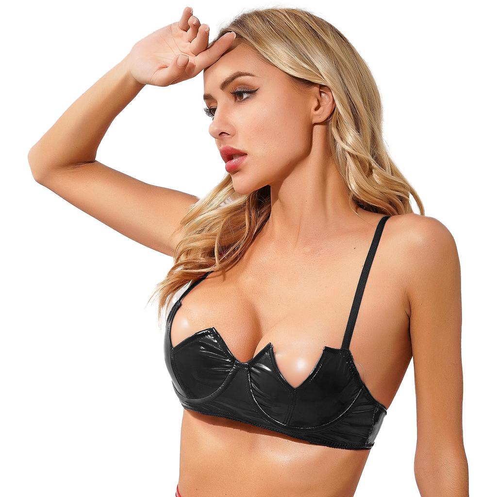 Womens V Notch Underwired Bra Wet Look Patent Leather Adjustable Spaghetti Strap Brassiere Top