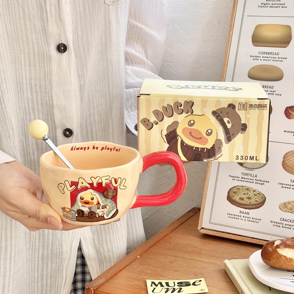 Kleine Gelbe Ente Niedliche Keramiktasse Kinder Trinkwasserbecher mit Löffel Paar Kaffeetasse Frühstückstasse Praktisches Geburtstagsgeschenk