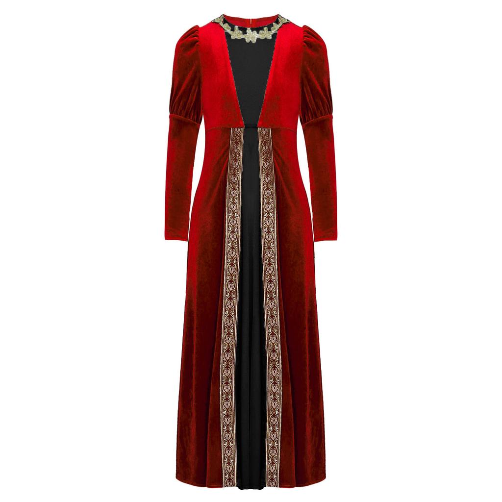 Φόρεμα Πριγκίπισσας Αναγέννησης για Κορίτσια Μεσαιωνική Βελούδινη Στολή Μακρυμάνικη Χρυσό Λουλουδάτο Μπάλωμα Ρετρό Ρωμαϊκή Τήβεννος