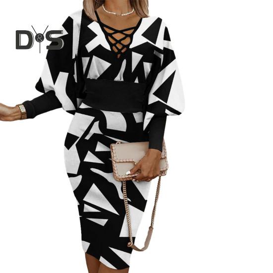 

Женское вечернее платье для выпускного вечера с длинным рукавом-фонариком и цветным принтом, V-образным вырезом, облегающим, с высокой талией, длиной до колена, элегантное вечернее платье 3XL чёрный