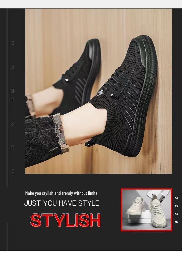 Men's Breathable Mesh Flyknit Casual Shoes - 2026 Spring/Summer Collection, Flat Bottom, Comfortable Board Shoes